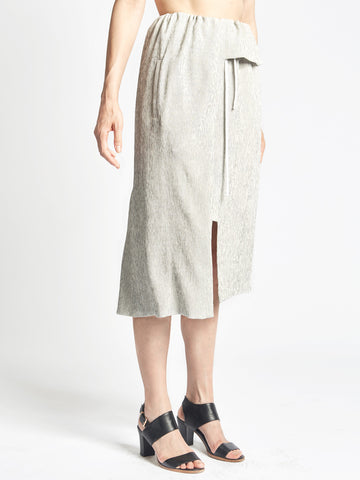 Gray silk micropleated overlap skirt with drawstring waist and pockets
