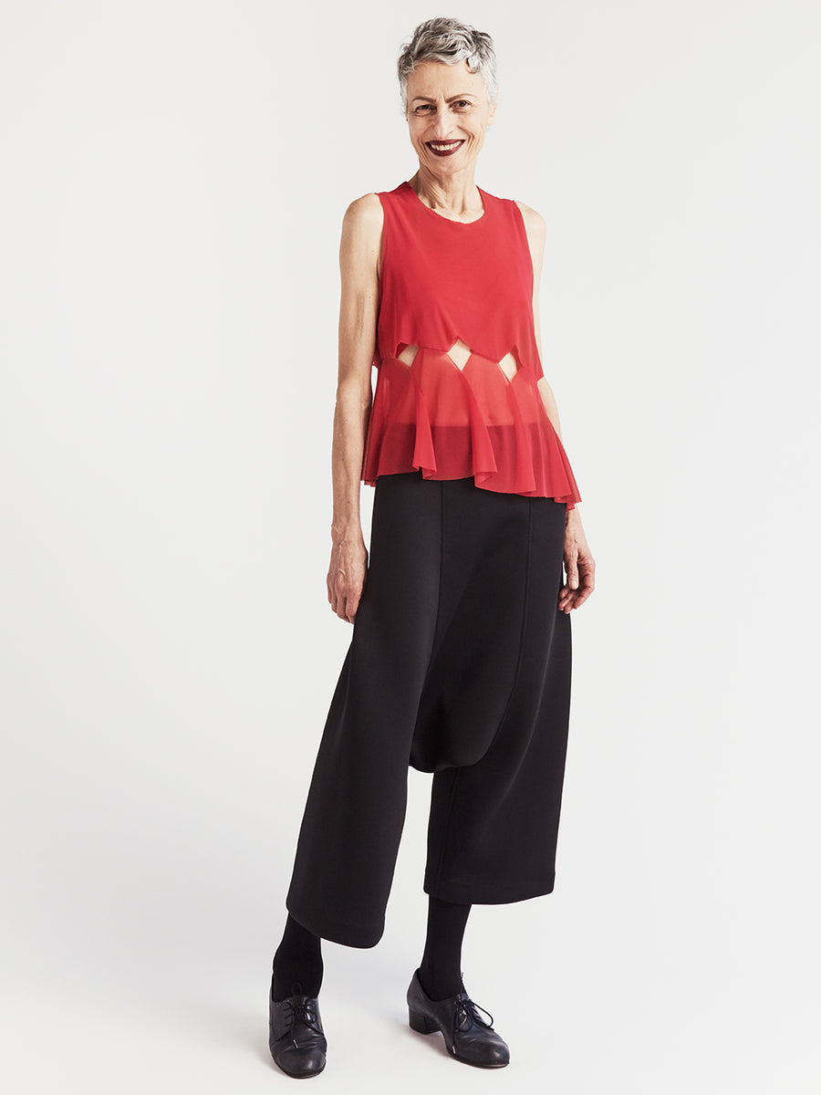 red mesh top with pleats