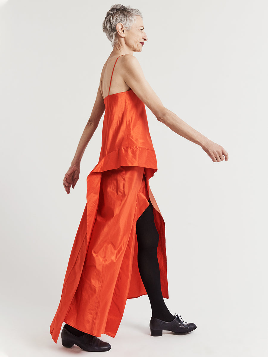 Bright orange silk taffeta asymmetric long evening dress