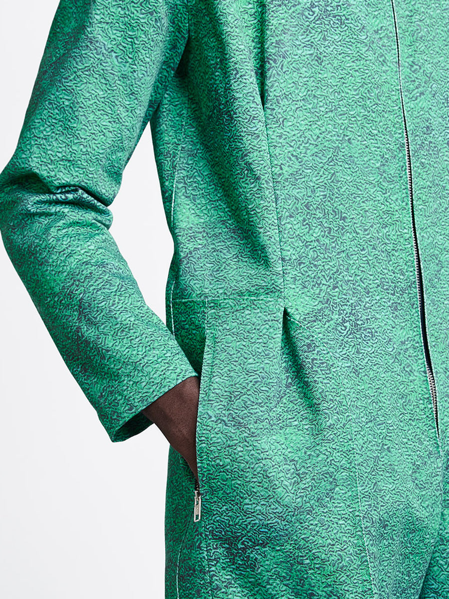 mens green print denim jumpsuit