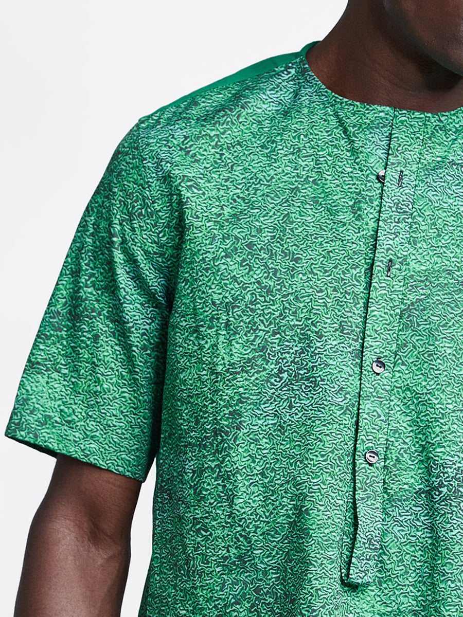 Loop placket short sleeve extra long men's shirt in green print on model