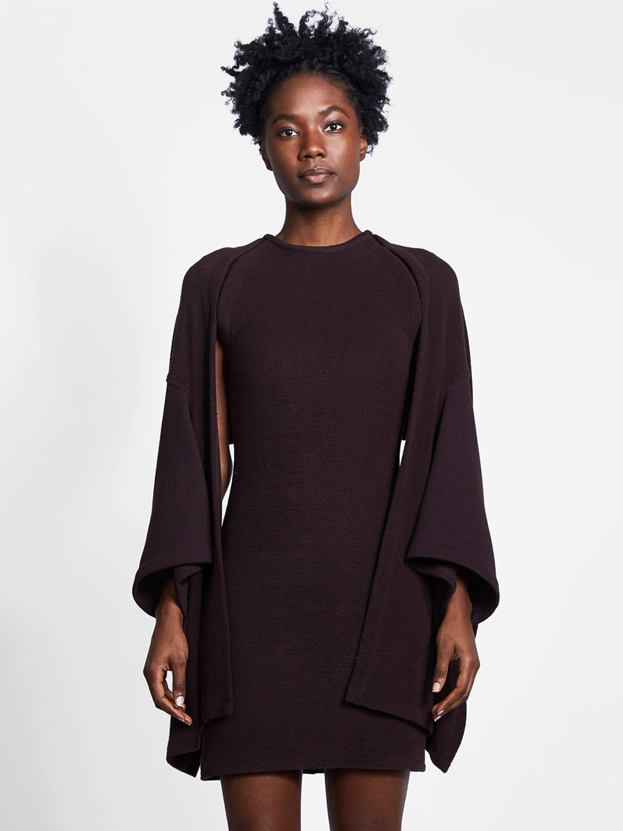 Dark plum knit dress with shawl sleeve design