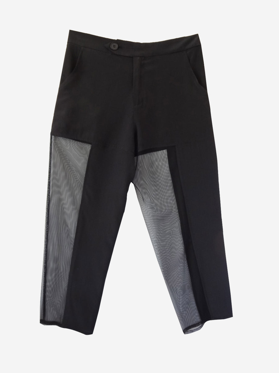 black silk pants with sheer mesh side panels