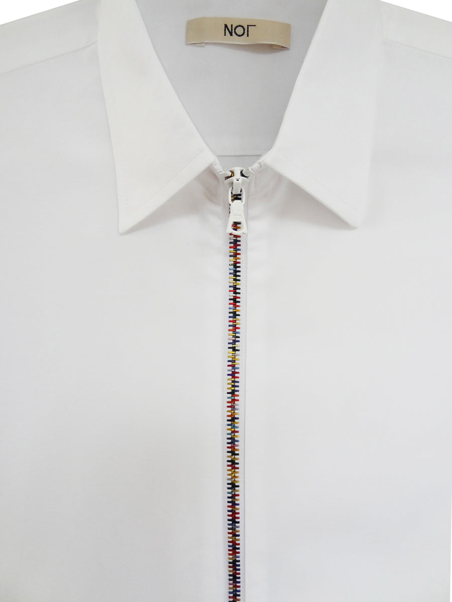 Detail of zipper shirt for men with rainbow zipper.