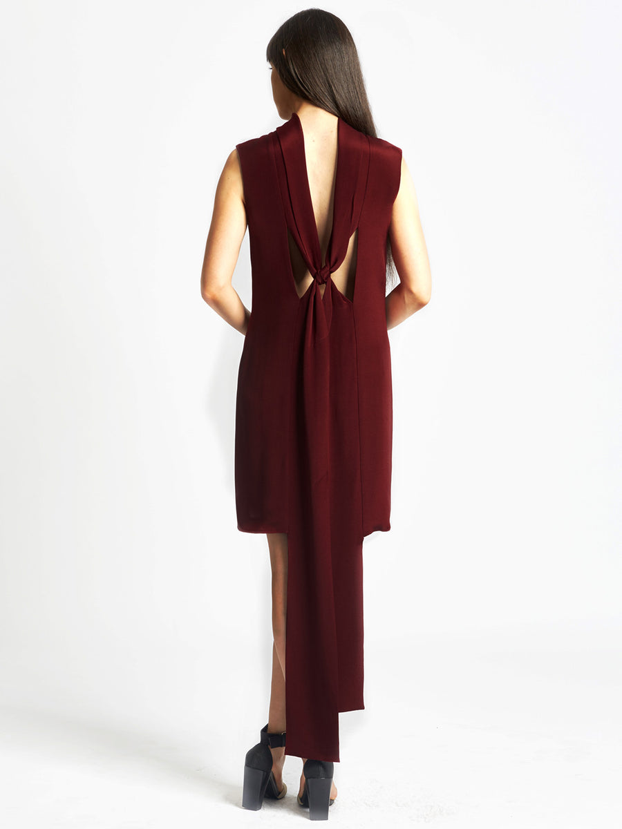 wine red silk cocktail dress with back loop