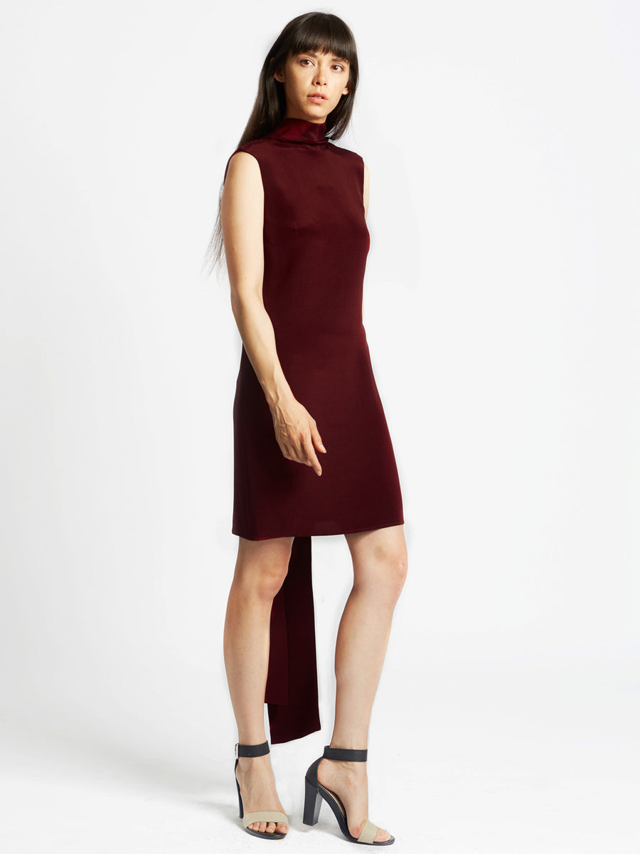 wine red silk cocktail dress with back loop