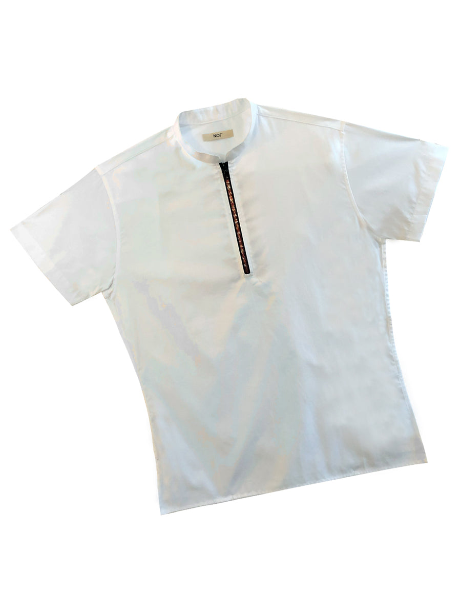 White Short Sleeve Men's Polo Shirt with red metal zipper.