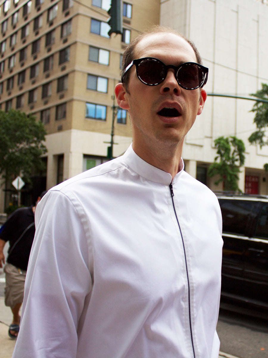 White Zipper Shirt with Mandarin Collar