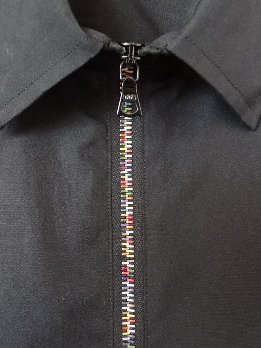 Mens black cotton collared shirt with rainbow zipper.