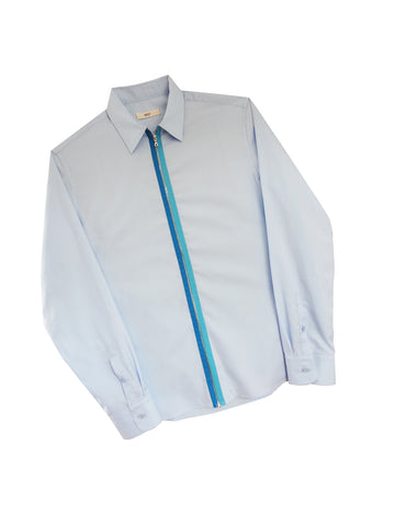 Men's blue cotton collared shirt with blue two-tone metal zipper.
