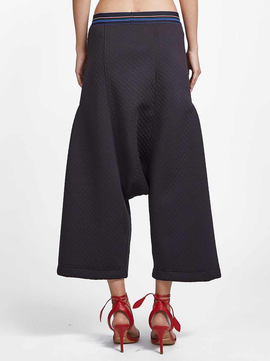 Unisex drop crotch pants in bubble neoprene with striped elastic waistband