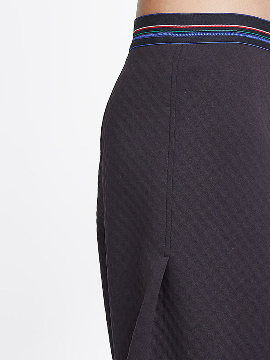Unisex drop crotch pants in bubble neoprene with striped elastic waistband