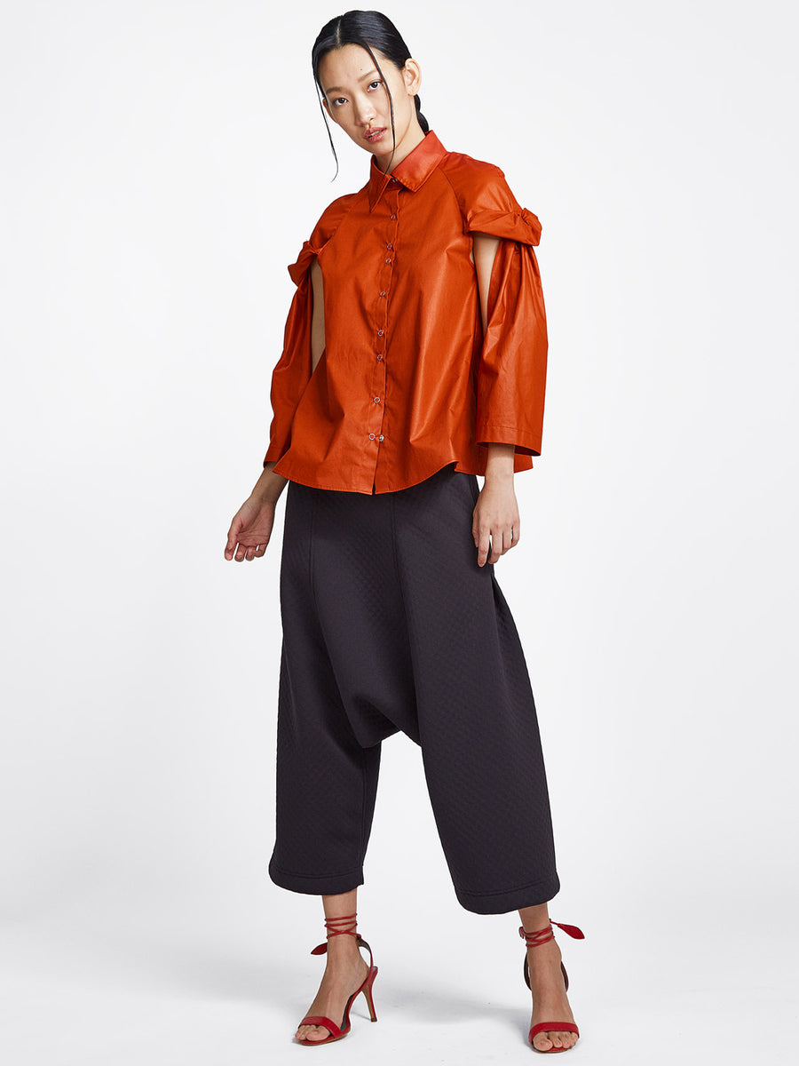Unisex drop crotch pants in bubble neoprene with striped elastic waistband
