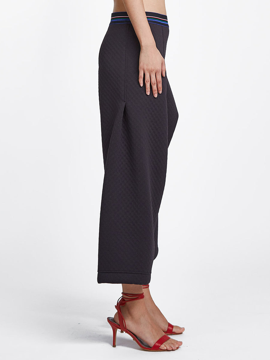 Unisex drop crotch pants in bubble neoprene with striped elastic waistband