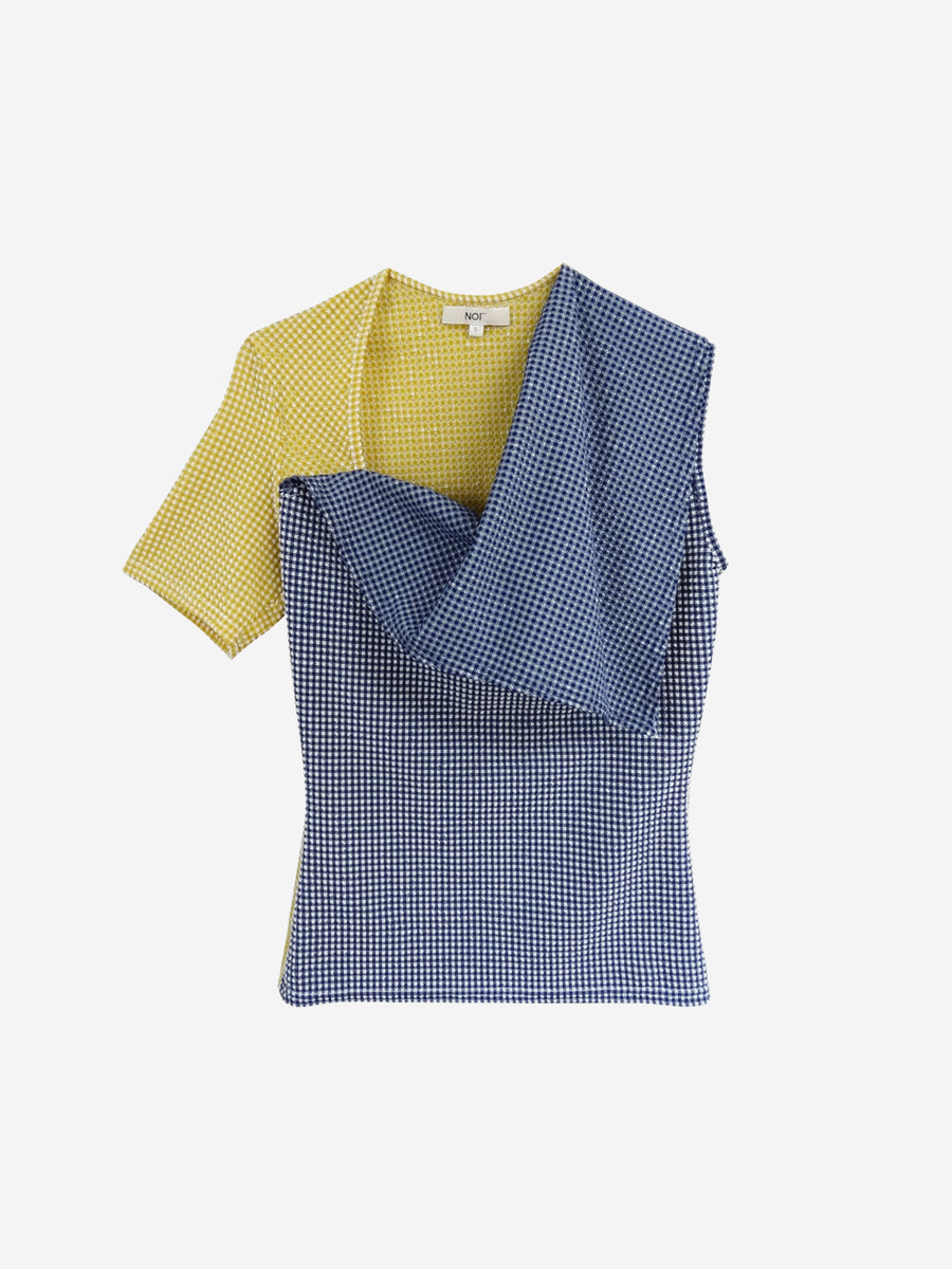Blue and Yellow color blocking asymmetric draped top