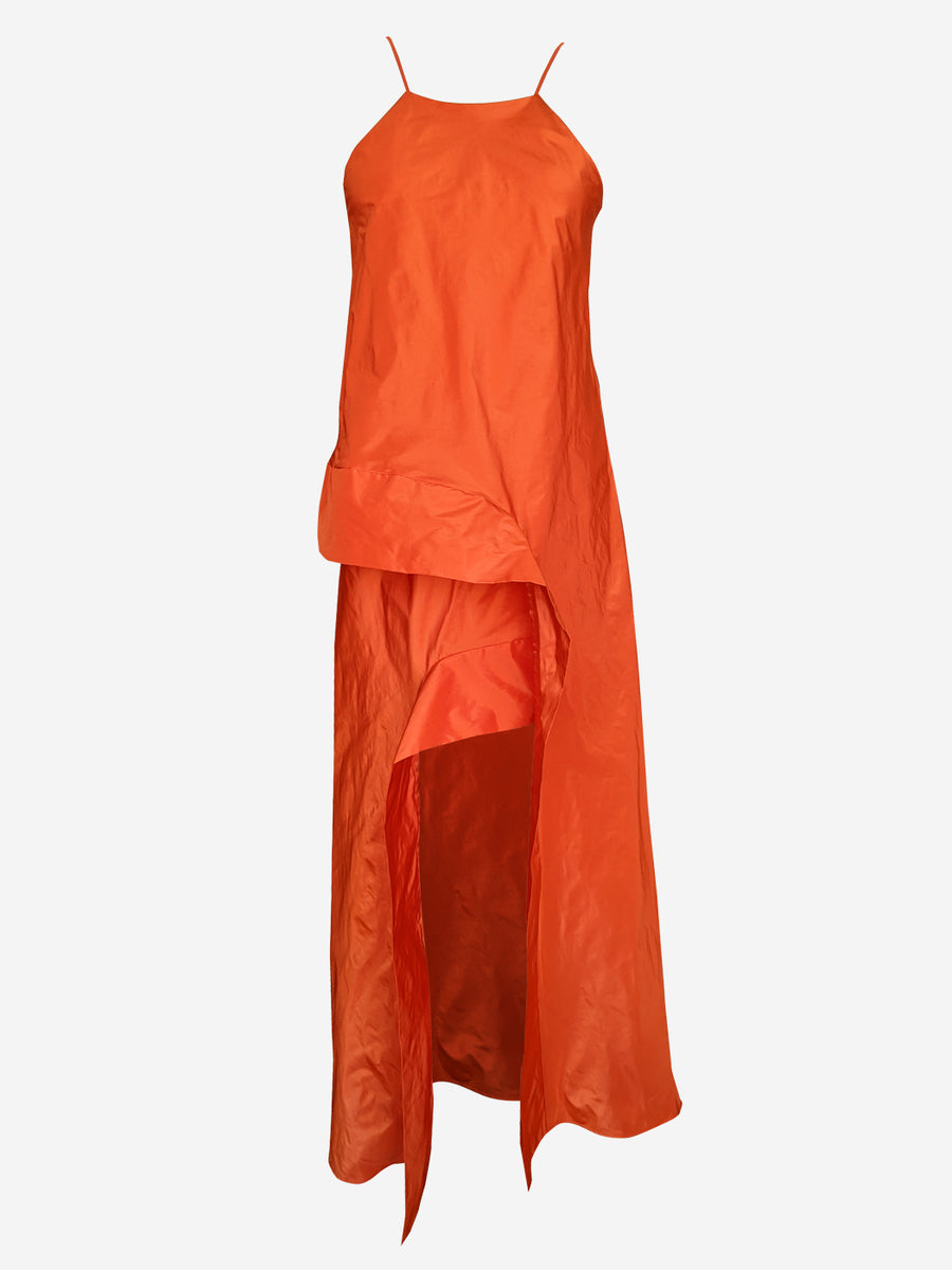 Bright orange silk taffeta asymmetric long evening dress