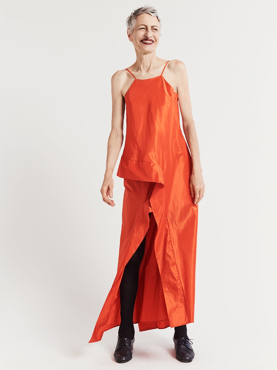 Bright orange silk taffeta asymmetric long evening dress