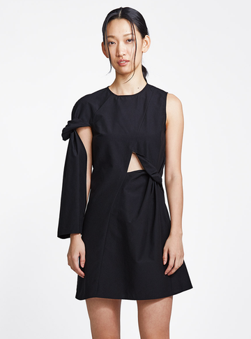 black cotton topsy turvy dress with one sleeve