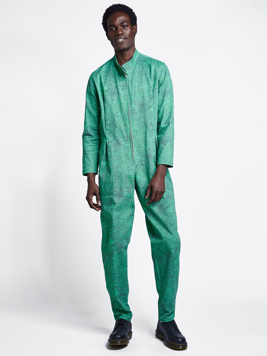 mens green print denim jumpsuit