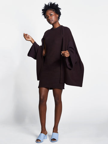 Dark plum knit dress with shawl sleeve design