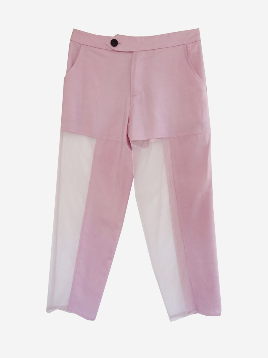 silk lavender pants with sheer mesh panels