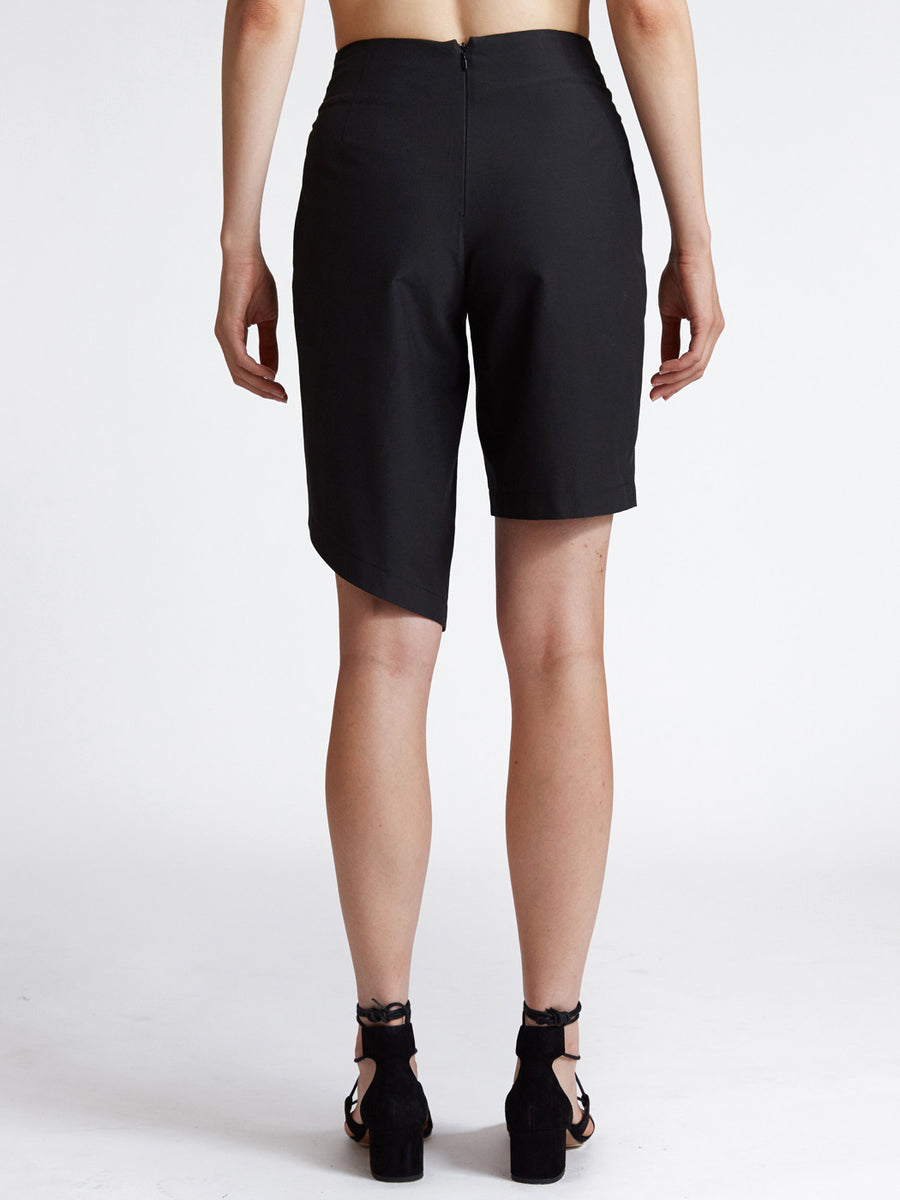 asymmetric slit shorts in black cotton