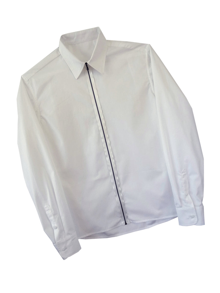 Zipper shirt in white cotton with satin and black metal zipper