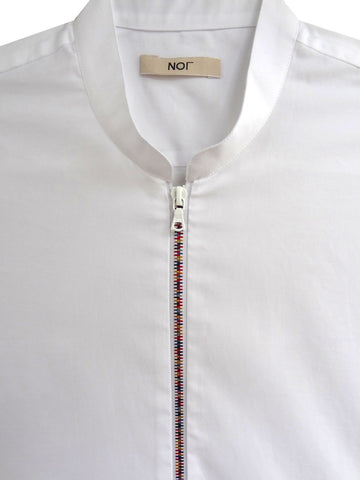 Mens white cotton shirt with mandarin collar and rainbow colored metal zipper.