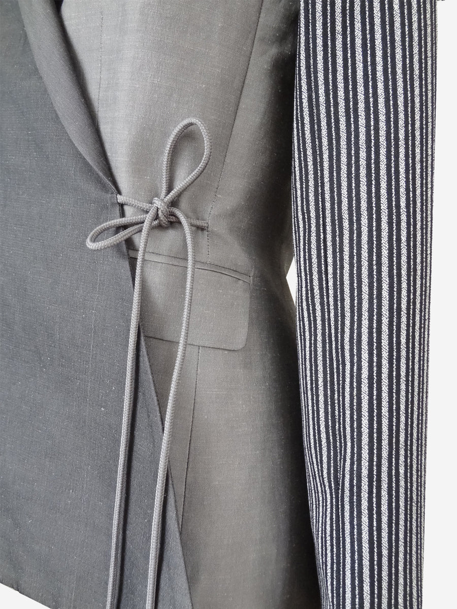 Multi paneled designer gray wrap jacket detail for women